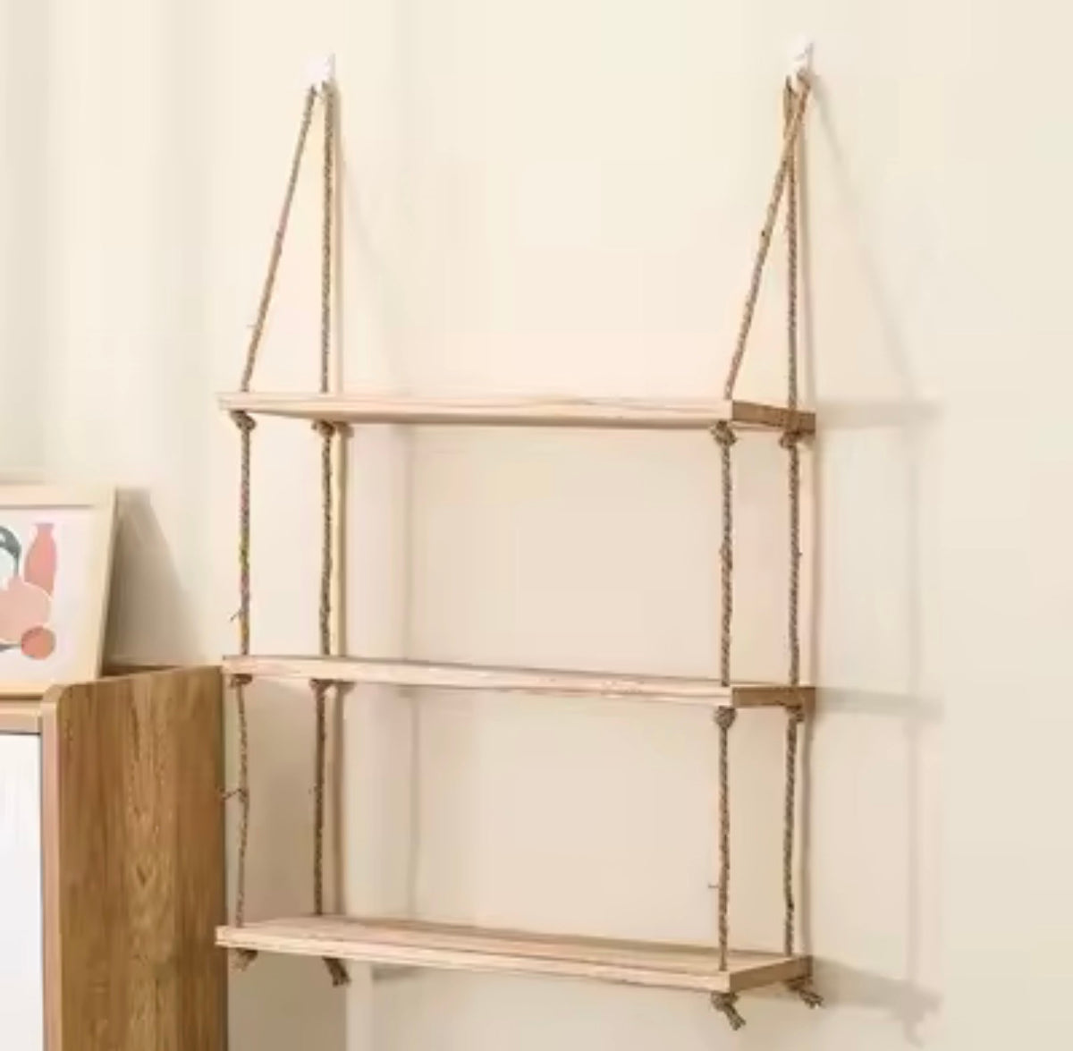 Wooden Floating Shelves for Wall Plant Flower Wood Swing Hanging Rope Storage Home Living Room