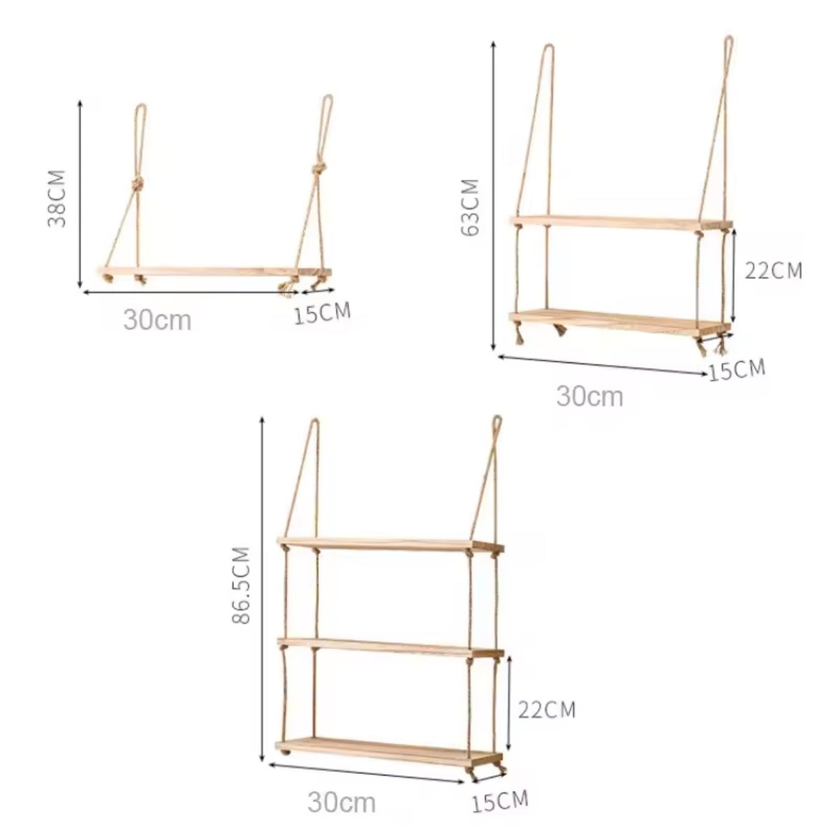 Wooden Floating Shelves for Wall Plant Flower Wood Swing Hanging Rope Storage Home Living Room