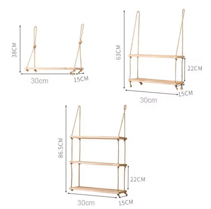 Wooden Floating Shelves for Wall Plant Flower Wood Swing Hanging Rope Storage Home Living Room