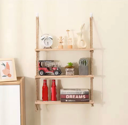 Wooden Floating Shelves for Wall Plant Flower Wood Swing Hanging Rope Storage Home Living Room