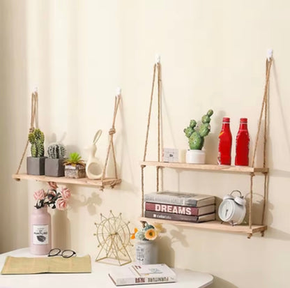 Wooden Floating Shelves for Wall Plant Flower Wood Swing Hanging Rope Storage Home Living Room