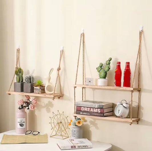 Wooden Floating Shelves for Wall Plant Flower Wood Swing Hanging Rope Storage Home Living Room